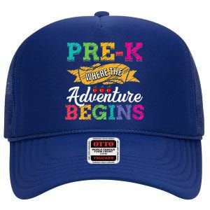 PreK Teacher Adventure Begins First Day Preschool Teachers Gift High Crown Mesh Back Trucker Hat