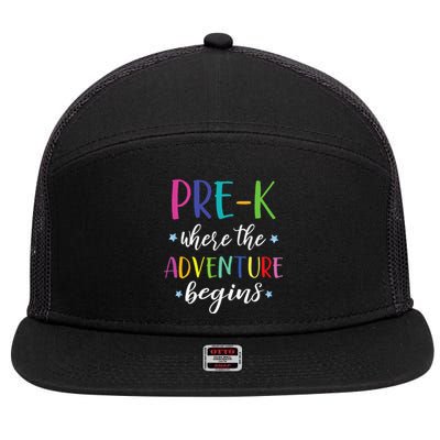 PreK Teacher Adventure Begins First Day Preschool Teachers 7 Panel Mesh Trucker Snapback Hat