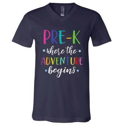 PreK Teacher Adventure Begins First Day Preschool Teachers V-Neck T-Shirt