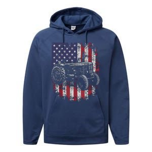 Patriotic Tractor American Flag Tractor Farmer Farm Gift Men Performance Fleece Hoodie