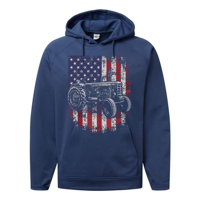 Patriotic Tractor American Flag Tractor Farmer Farm Gift Men Performance Fleece Hoodie