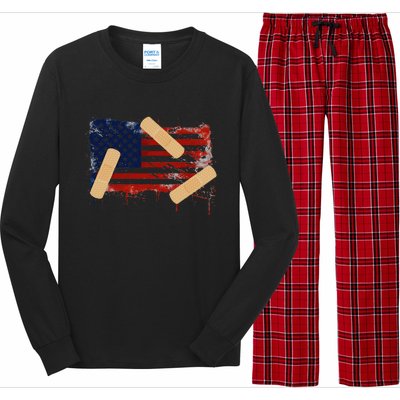 Patriotic Tattered American Flag With Bandages Long Sleeve Pajama Set