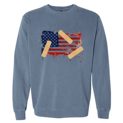 Patriotic Tattered American Flag With Bandages Garment-Dyed Sweatshirt