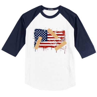 Patriotic Tattered American Flag With Bandages Baseball Sleeve Shirt