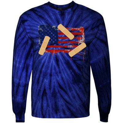 Patriotic Tattered American Flag With Bandages Tie-Dye Long Sleeve Shirt