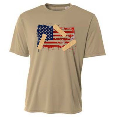 Patriotic Tattered American Flag With Bandages Cooling Performance Crew T-Shirt