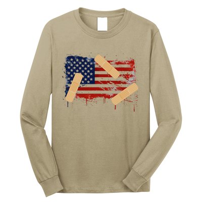 Patriotic Tattered American Flag With Bandages Long Sleeve Shirt