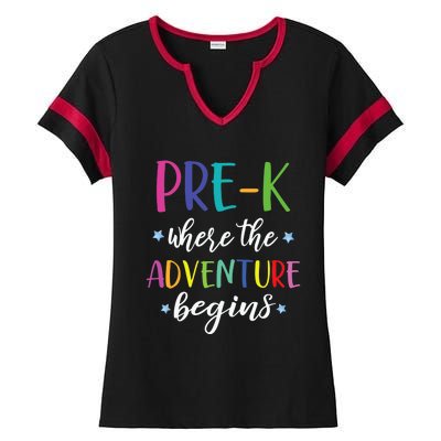 Pre-K Teacher Adventure Begins First Day Preschool Teachers Ladies Halftime Notch Neck Tee