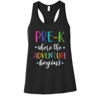 Pre-K Teacher Adventure Begins First Day Preschool Teachers Women's Racerback Tank