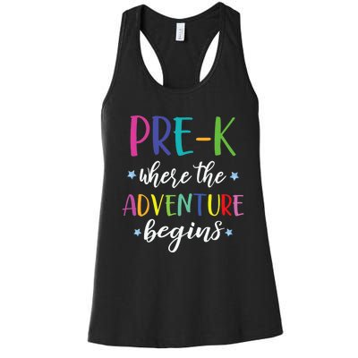 Pre-K Teacher Adventure Begins First Day Preschool Teachers Women's Racerback Tank