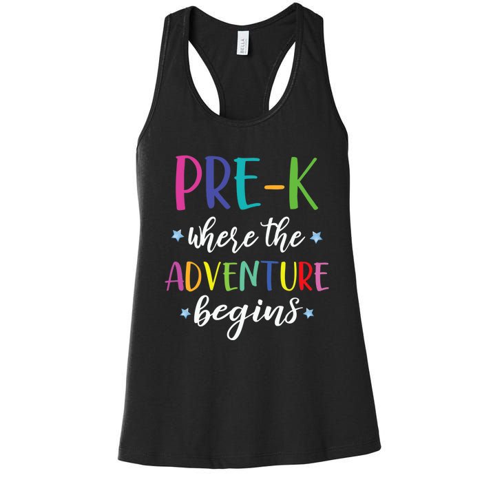 Pre-K Teacher Adventure Begins First Day Preschool Teachers Women's Racerback Tank