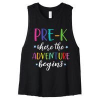 Pre-K Teacher Adventure Begins First Day Preschool Teachers Women's Racerback Cropped Tank