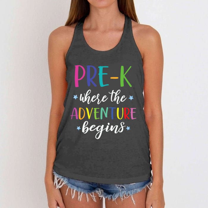 Pre-K Teacher Adventure Begins First Day Preschool Teachers Women's Knotted Racerback Tank