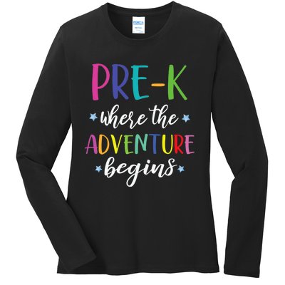 Pre-K Teacher Adventure Begins First Day Preschool Teachers Ladies Long Sleeve Shirt