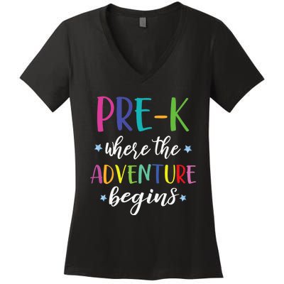 Pre-K Teacher Adventure Begins First Day Preschool Teachers Women's V-Neck T-Shirt