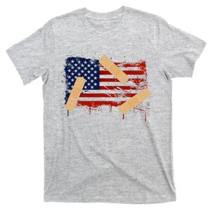 Patriotic Tattered American Flag With Bandages. T-Shirt