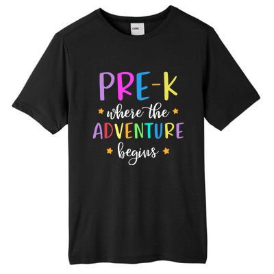 Pre-K Teacher Adventure Begins Teacher Preschool Tall Fusion ChromaSoft Performance T-Shirt