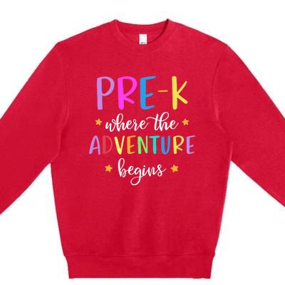 Pre-K Teacher Adventure Begins Teacher Preschool Premium Crewneck Sweatshirt