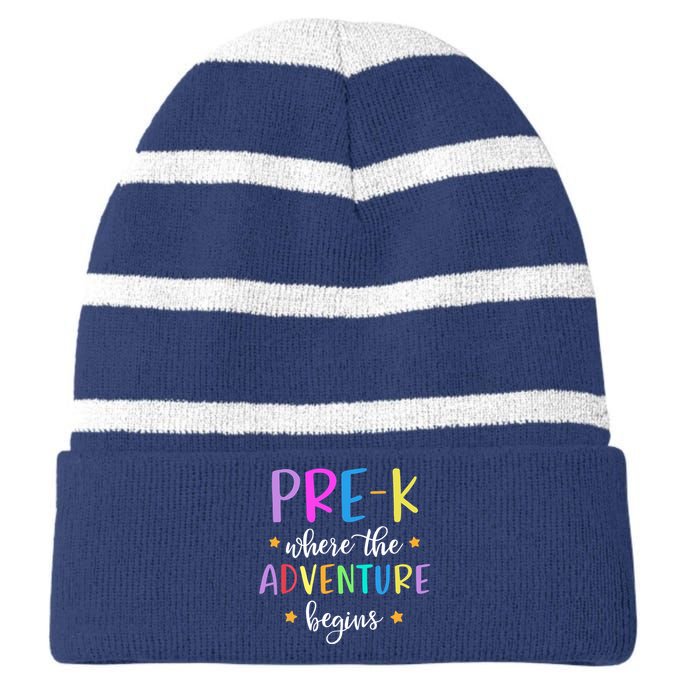 Pre-K Teacher Adventure Begins Teacher Preschool Striped Beanie with Solid Band