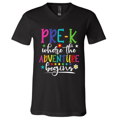 PreK Teacher Adventure Begins First Day Preschool Teachers V-Neck T-Shirt