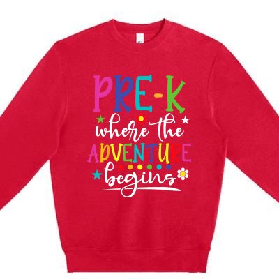 PreK Teacher Adventure Begins First Day Preschool Teachers Premium Crewneck Sweatshirt