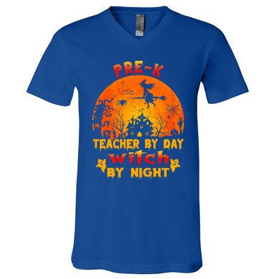 PreK Teacher By Day Witch By Night Costume Halloween Funny Gift V-Neck T-Shirt