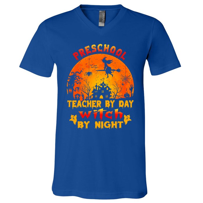 Preschool Teacher By Day Witch By Night Costume Halloween Cute Gift V-Neck T-Shirt