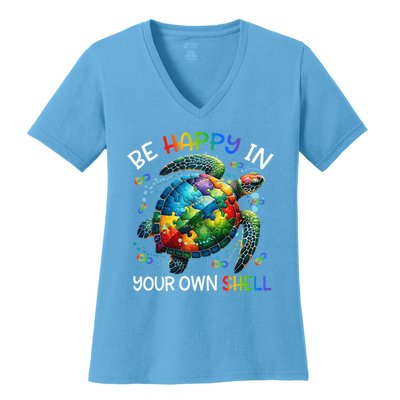 Puzzle Turtle Be Happy In Your Own Shell Autism Awareness Women's V-Neck T-Shirt