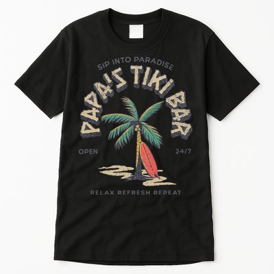 Papa's Tiki Bar Vintage Surfboard Dad Palm Tree Beach Funny Tall T-Shirt