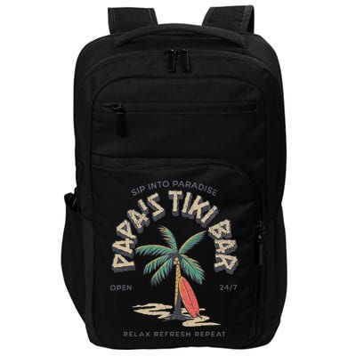 Papa's Tiki Bar Vintage Surfboard Dad Palm Tree Beach Funny Impact Tech Backpack