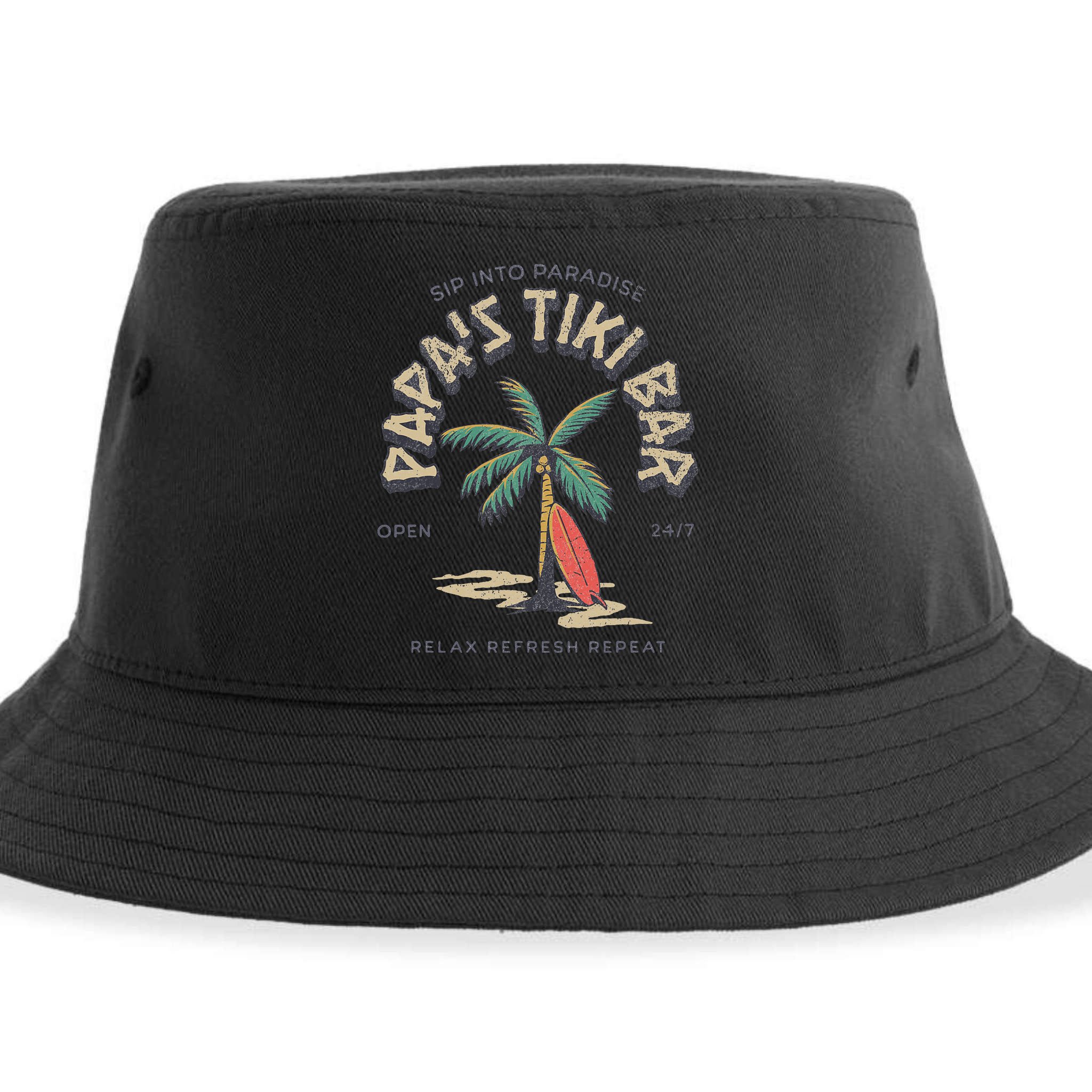 Papa's Tiki Bar Vintage Surfboard Dad Palm Tree Beach Funny Sustainable Bucket Hat