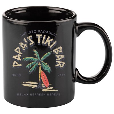 Papa's Tiki Bar Vintage Surfboard Dad Palm Tree Beach Funny 11oz C Handle Ceramic Mug