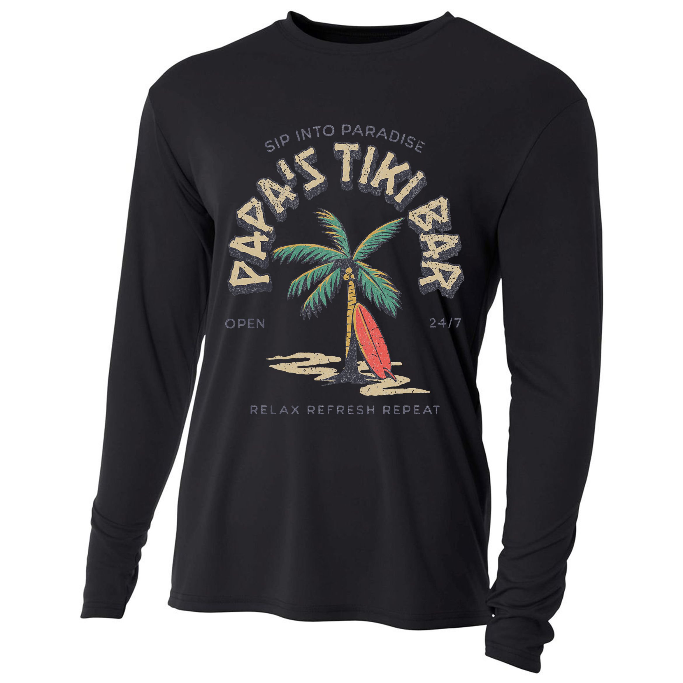 Papa's Tiki Bar Vintage Surfboard Dad Palm Tree Beach Funny Cooling Performance Long Sleeve Crew