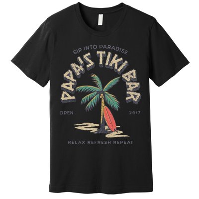 Papa's Tiki Bar Vintage Surfboard Dad Palm Tree Beach Funny Premium T-Shirt