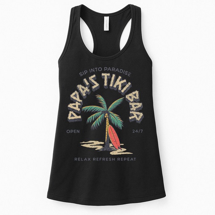 Papa's Tiki Bar Vintage Surfboard Dad Palm Tree Beach Funny Womens Tank Top