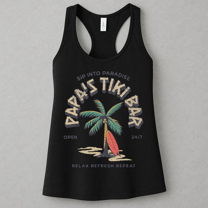 Papa's Tiki Bar Vintage Surfboard Dad Palm Tree Beach Funny Womens Tank Top