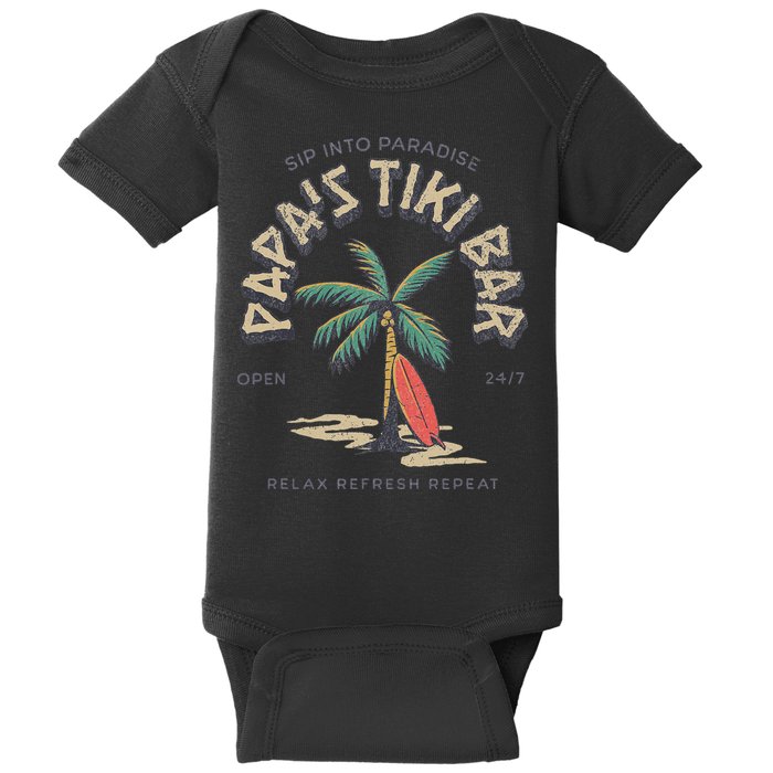 Papa's Tiki Bar Vintage Surfboard Dad Palm Tree Beach Funny Baby Bodysuit
