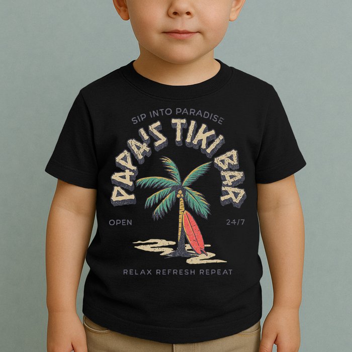 Papa's Tiki Bar Vintage Surfboard Dad Palm Tree Beach Funny Toddler T-Shirt