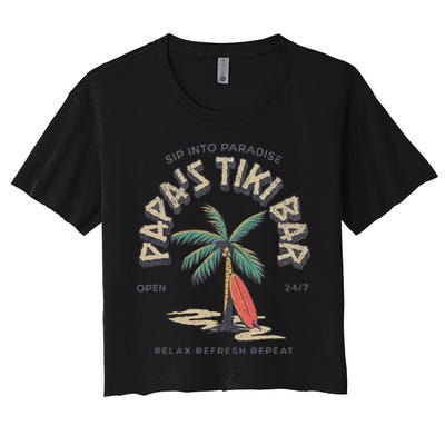 Papa's Tiki Bar Vintage Surfboard Dad Palm Tree Beach Funny Women's Crop Top Tee