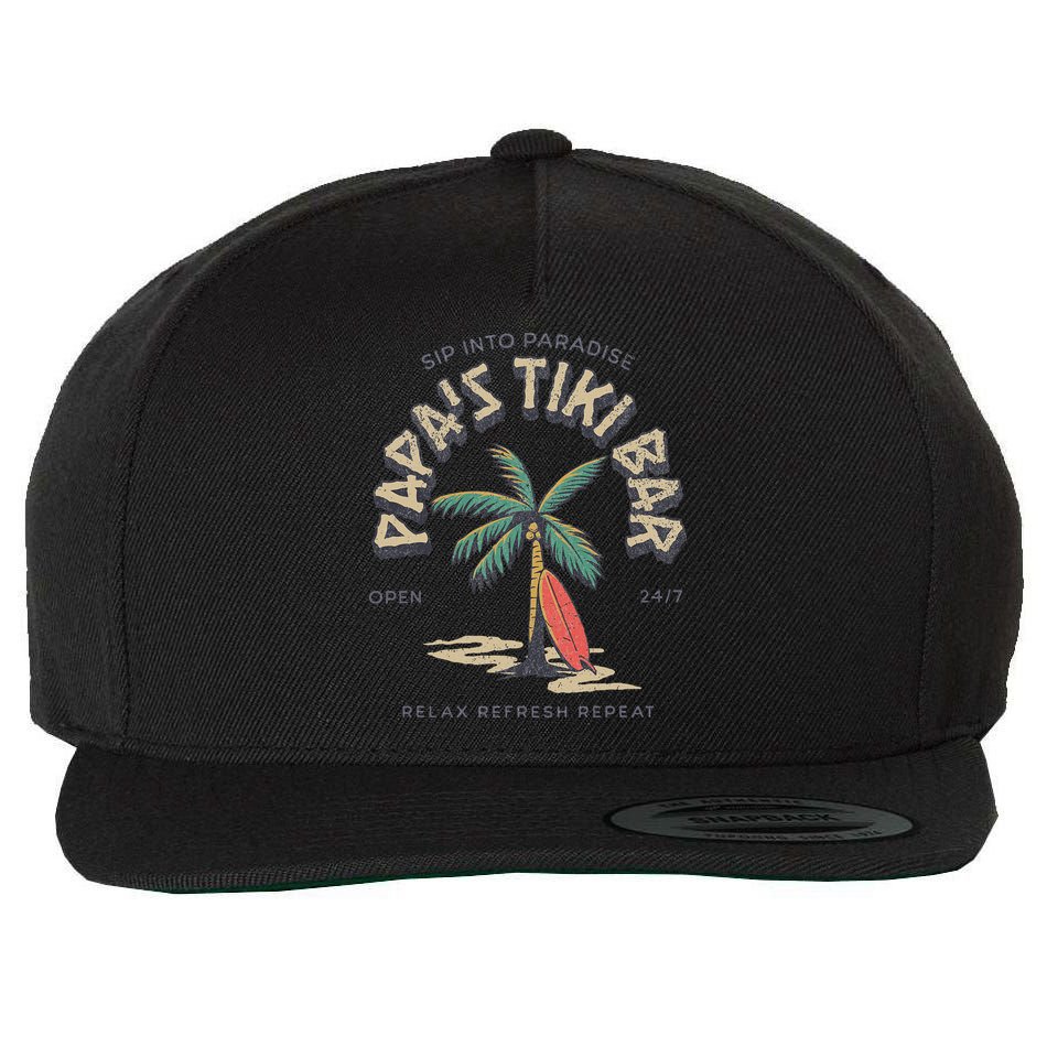 Papa's Tiki Bar Vintage Surfboard Dad Palm Tree Beach Funny Wool Snapback Cap