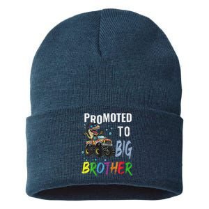 Promoted To Big Brother Dinosaur Riding Monster Truck Sustainable Knit Beanie