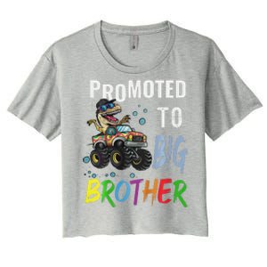 Promoted To Big Brother Dinosaur Riding Monster Truck Women's Crop Top Tee