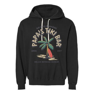 Papa's Tiki Bar Vintage Surfboard Dad Palm Tree Beach Funny Garment-Dyed Fleece Hoodie