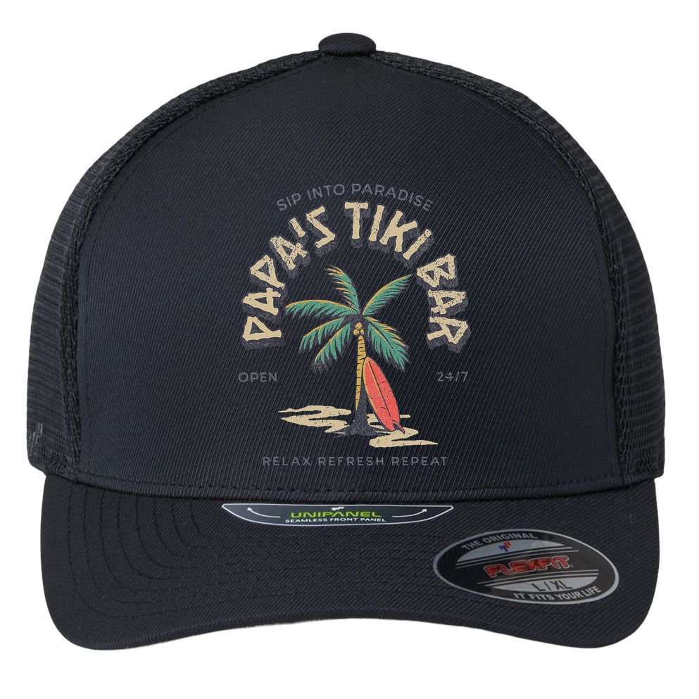 Papa's Tiki Bar Vintage Surfboard Dad Palm Tree Beach Funny Flexfit Unipanel Trucker Cap