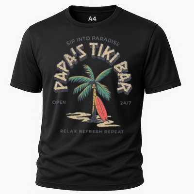Papa's Tiki Bar Vintage Surfboard Dad Palm Tree Beach Funny Performance Shirt