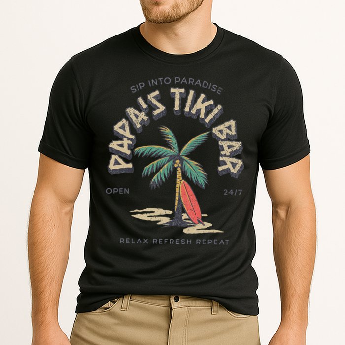Papa's Tiki Bar Vintage Surfboard Dad Palm Tree Beach Funny Performance Shirt