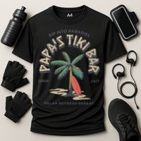 Papa's Tiki Bar Vintage Surfboard Dad Palm Tree Beach Funny Performance Shirt