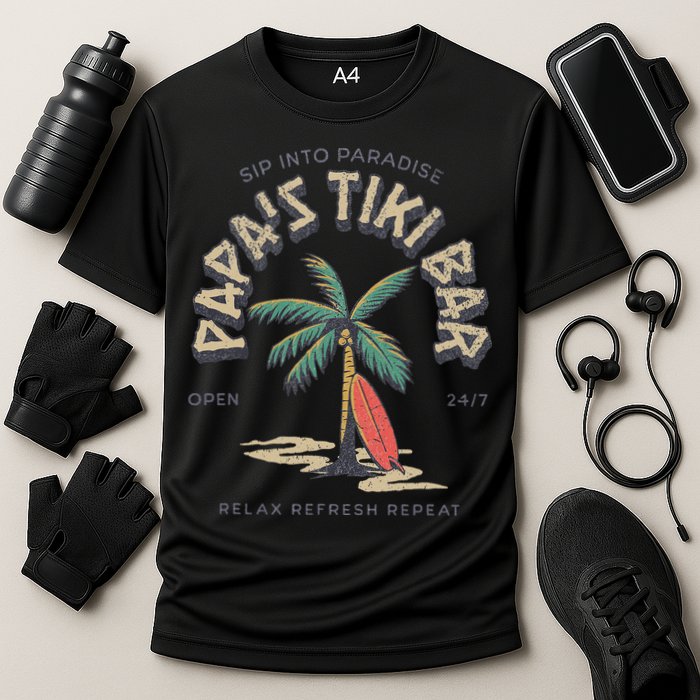 Papa's Tiki Bar Vintage Surfboard Dad Palm Tree Beach Funny Performance Shirt