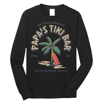 Papa's Tiki Bar Vintage Surfboard Dad Palm Tree Beach Funny Long Sleeve Shirt