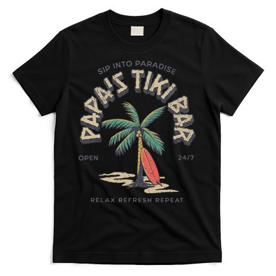Papa's Tiki Bar Vintage Surfboard Dad Palm Tree Beach Funny T-Shirt